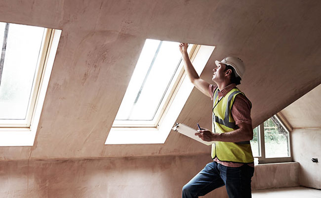inspector examining an attic during an annual home maintenance inspection